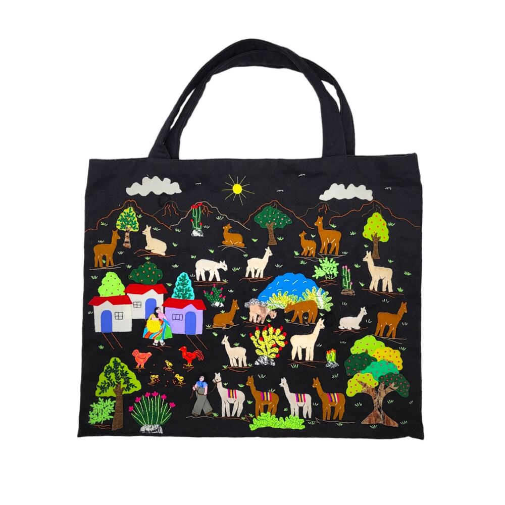 Handcrafted Black Embroidered Tote Bag with Colorful Village Scene